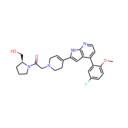 COc1ccc(F)cc1-c1ccnc2[nH]c(C3=CCN(CC(=O)N4CCC[C@H]4CO)CC3)cc12 ZINC000226053802