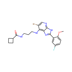COc1ccc(F)cc1-c1nc2c(NCCCNC(=O)C3CCC3)c(Br)cnc2[nH]1 ZINC000084618051