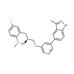 COc1ccc(F)cc1C[C@H](N)COc1cncc(-c2ccc3[nH]nc(C)c3c2)c1 ZINC000014961716