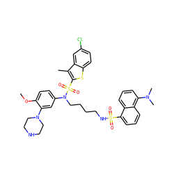 COc1ccc(N(CCCCNS(=O)(=O)c2cccc3c(N(C)C)cccc23)S(=O)(=O)c2sc3ccc(Cl)cc3c2C)cc1N1CCNCC1 ZINC000095544846