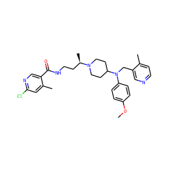 COc1ccc(N(Cc2cnccc2C)C2CCN([C@H](C)CCNC(=O)c3cnc(Cl)cc3C)CC2)cc1 ZINC000082155026