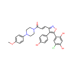 COc1ccc(N2CCN(C(=O)/C=C/c3noc(-c4cc(Cl)c(O)cc4O)c3-c3ccc(O)cc3)CC2)cc1 ZINC000299828736