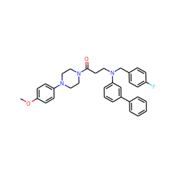 COc1ccc(N2CCN(C(=O)CCN(Cc3ccc(F)cc3)c3cccc(-c4ccccc4)c3)CC2)cc1 ZINC000653739258