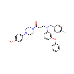 COc1ccc(N2CCN(C(=O)CCN(Cc3ccc(F)cc3)c3cccc(Oc4ccccc4)c3)CC2)cc1 ZINC000653738106
