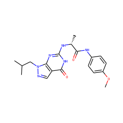 COc1ccc(NC(=O)[C@@H](C)Nc2nc3c(cnn3CC(C)C)c(=O)[nH]2)cc1 ZINC000299820817