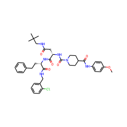 COc1ccc(NC(=O)C2CCN(C(=O)N[C@@H](CC(=O)NCC(C)(C)C)C(=O)N[C@@H](CCc3ccccc3)C(=O)NCc3ccccc3Cl)CC2)cc1 ZINC001772609429