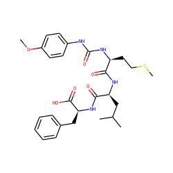 COc1ccc(NC(=O)N[C@@H](CCSC)C(=O)N[C@@H](CC(C)C)C(=O)N[C@@H](Cc2ccccc2)C(=O)O)cc1 ZINC000025973342