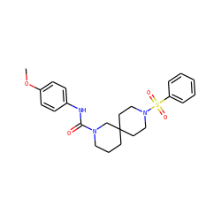 COc1ccc(NC(=O)N2CCCC3(CCN(S(=O)(=O)c4ccccc4)CC3)C2)cc1 ZINC000003956333