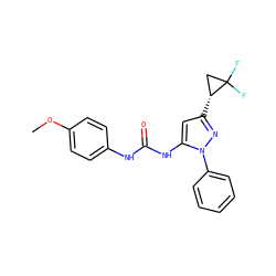 COc1ccc(NC(=O)Nc2cc([C@@H]3CC3(F)F)nn2-c2ccccc2)cc1 ZINC000299829116