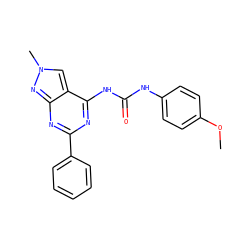 COc1ccc(NC(=O)Nc2nc(-c3ccccc3)nc3nn(C)cc23)cc1 ZINC000049112879