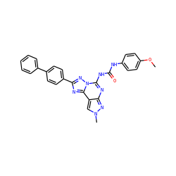 COc1ccc(NC(=O)Nc2nc3nn(C)cc3c3nc(-c4ccc(-c5ccccc5)cc4)nn23)cc1 ZINC000072124799