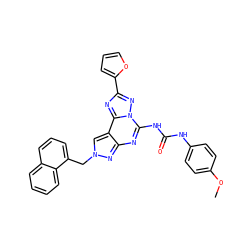 COc1ccc(NC(=O)Nc2nc3nn(Cc4cccc5ccccc45)cc3c3nc(-c4ccco4)nn23)cc1 ZINC000096308853