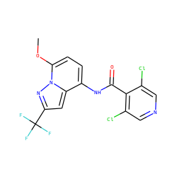 COc1ccc(NC(=O)c2c(Cl)cncc2Cl)c2cc(C(F)(F)F)nn12 ZINC000096933403