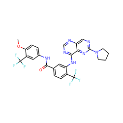 COc1ccc(NC(=O)c2ccc(C(F)(F)F)c(Nc3ncnc4cnc(N5CCCC5)nc34)c2)cc1C(F)(F)F ZINC000148078311
