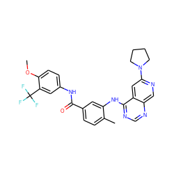 COc1ccc(NC(=O)c2ccc(C)c(Nc3ncnc4cnc(N5CCCC5)cc34)c2)cc1C(F)(F)F ZINC000096175715