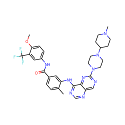 COc1ccc(NC(=O)c2ccc(C)c(Nc3ncnc4cnc(N5CCN(C6CCN(C)CC6)CC5)nc34)c2)cc1C(F)(F)F ZINC000148349751