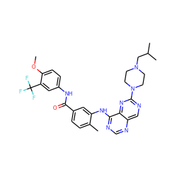 COc1ccc(NC(=O)c2ccc(C)c(Nc3ncnc4cnc(N5CCN(CC(C)C)CC5)nc34)c2)cc1C(F)(F)F ZINC000148300791