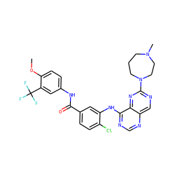 COc1ccc(NC(=O)c2ccc(Cl)c(Nc3ncnc4cnc(N5CCCN(C)CC5)nc34)c2)cc1C(F)(F)F ZINC000148064667