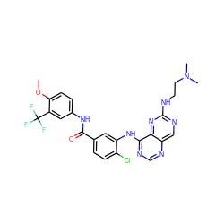 COc1ccc(NC(=O)c2ccc(Cl)c(Nc3ncnc4cnc(NCCN(C)C)nc34)c2)cc1C(F)(F)F ZINC000148066291