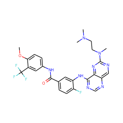 COc1ccc(NC(=O)c2ccc(F)c(Nc3ncnc4cnc(N(C)CCN(C)C)nc34)c2)cc1C(F)(F)F ZINC000148072865