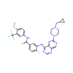 COc1ccc(NC(=O)c2ccc(F)c(Nc3ncnc4cnc(N5CCN(CC6CC6)CC5)nc34)c2)cc1C(F)(F)F ZINC000148282145