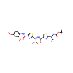 COc1ccc(NC(=O)c2csc([C@@H](NC(=O)c3csc([C@@H](NC(=O)OC(C)(C)C)C(C)C)n3)C(C)C)n2)c(OC)c1 ZINC000169343793