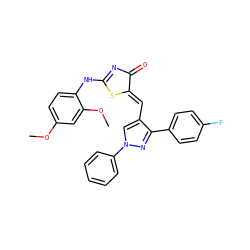 COc1ccc(NC2=NC(=O)/C(=C/c3cn(-c4ccccc4)nc3-c3ccc(F)cc3)S2)c(OC)c1 ZINC000096905746