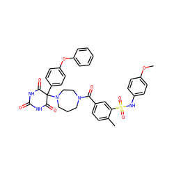 COc1ccc(NS(=O)(=O)c2cc(C(=O)N3CCCN(C4(c5ccc(Oc6ccccc6)cc5)C(=O)NC(=O)NC4=O)CC3)ccc2C)cc1 ZINC000072110444