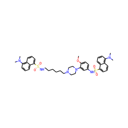 COc1ccc(NS(=O)(=O)c2cccc3c(N(C)C)cccc23)cc1N1CCN(CCCCCCNS(=O)(=O)c2cccc3c(N(C)C)cccc23)CC1 ZINC000095544868