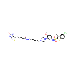 COc1ccc(NS(=O)(=O)c2sc3ccc(Cl)cc3c2C)cc1N1CCN(CCCCCCNC(=O)CCCC[C@H]2SC[C@@H]3NC(=O)N[C@@H]32)CC1 ZINC000095544762