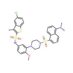 COc1ccc(NS(=O)(=O)c2sc3ccc(Cl)cc3c2C)cc1N1CCN(S(=O)(=O)c2cccc3c(N(C)C)cccc23)CC1 ZINC000072148951