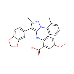 COc1ccc(Nc2c(-c3ccc4c(c3)OCO4)c(C)nn2-c2ccccc2C)c(C(=O)O)c1 ZINC000064539232