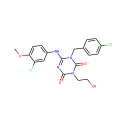 COc1ccc(Nc2nc(=O)n(CCO)c(=O)n2Cc2ccc(Cl)cc2)cc1F ZINC000200521703