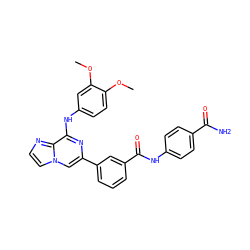 COc1ccc(Nc2nc(-c3cccc(C(=O)Nc4ccc(C(N)=O)cc4)c3)cn3ccnc23)cc1OC ZINC000145216714