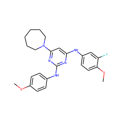 COc1ccc(Nc2nc(Nc3ccc(OC)c(F)c3)cc(N3CCCCCC3)n2)cc1 ZINC000073196818