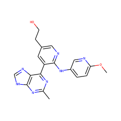 COc1ccc(Nc2ncc(CCO)cc2-c2nc(C)nc3[nH]cnc23)cn1 ZINC000113153078