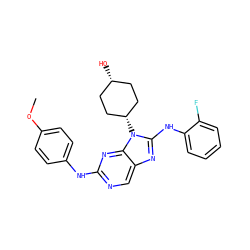 COc1ccc(Nc2ncc3nc(Nc4ccccc4F)n([C@H]4CC[C@@H](O)CC4)c3n2)cc1 ZINC000254119876