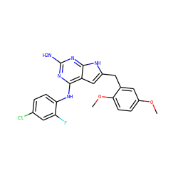 COc1ccc(OC)c(Cc2cc3c(Nc4ccc(Cl)cc4F)nc(N)nc3[nH]2)c1 ZINC000082151032