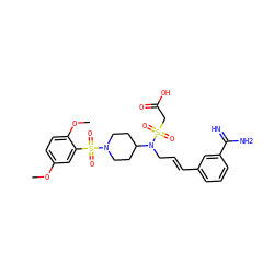 COc1ccc(OC)c(S(=O)(=O)N2CCC(N(C/C=C/c3cccc(C(=N)N)c3)S(=O)(=O)CC(=O)O)CC2)c1 ZINC000028714219