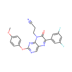 COc1ccc(Oc2ncc3nc(-c4cc(F)cc(F)c4)c(=O)n(CCC#N)c3n2)cc1 ZINC000004238533
