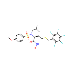 COc1ccc(S(=O)(=O)N(CC(C)C)[C@@H](CCSCc2c(F)c(F)c(F)c(F)c2F)C(=O)NO)cc1 ZINC000026823584