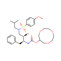 COc1ccc(S(=O)(=O)N(CC(C)C)C[C@@H](O)[C@H](Cc2ccccc2)NC(=O)OC2COCCOCCOC2)cc1 ZINC000049881600