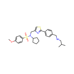 COc1ccc(S(=O)(=O)N(Cc2csc(-c3ccc(CNCC(C)C)cc3)n2)C2CCCC2)cc1 ZINC000066259821