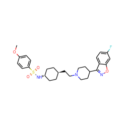 COc1ccc(S(=O)(=O)N[C@H]2CC[C@H](CCN3CCC(c4noc5cc(F)ccc45)CC3)CC2)cc1 ZINC001772583131