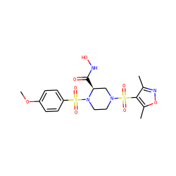 COc1ccc(S(=O)(=O)N2CCN(S(=O)(=O)c3c(C)noc3C)C[C@@H]2C(=O)NO)cc1 ZINC000013804596
