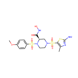COc1ccc(S(=O)(=O)N2CCN(S(=O)(=O)c3sc(N)nc3C)C[C@@H]2C(=O)NO)cc1 ZINC000013804594