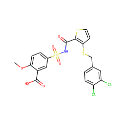 COc1ccc(S(=O)(=O)NC(=O)c2sccc2SCc2ccc(Cl)c(Cl)c2)cc1C(=O)O ZINC000073140965