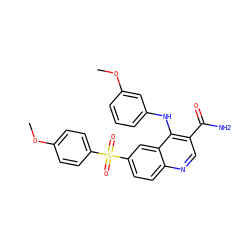 COc1ccc(S(=O)(=O)c2ccc3ncc(C(N)=O)c(Nc4cccc(OC)c4)c3c2)cc1 ZINC000045254189