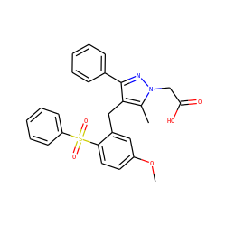 COc1ccc(S(=O)(=O)c2ccccc2)c(Cc2c(-c3ccccc3)nn(CC(=O)O)c2C)c1 ZINC000103237939