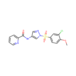 COc1ccc(S(=O)(=O)n2cc(NC(=O)c3ccccn3)cn2)cc1Cl ZINC000116776996